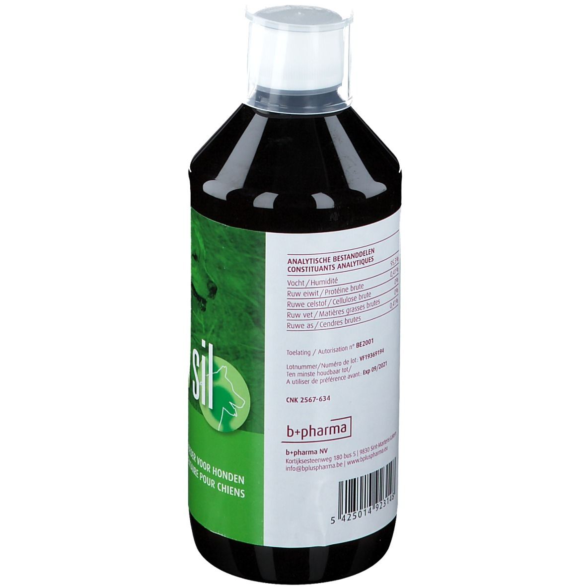 Rückansicht einer Flasche mit brauner Flüssigkeit. Etikett mit analytischen Bestandteilen und Herstellerinformationen.