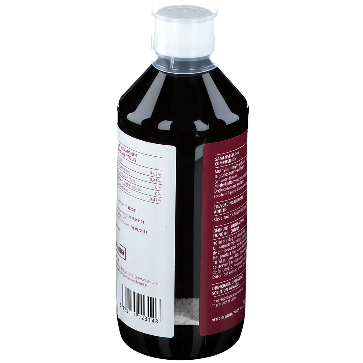 Flasche mit brauner Flüssigkeit. Etikett mit Inhaltsstoffen und Dosierungshinweisen. Weißer Deckel.