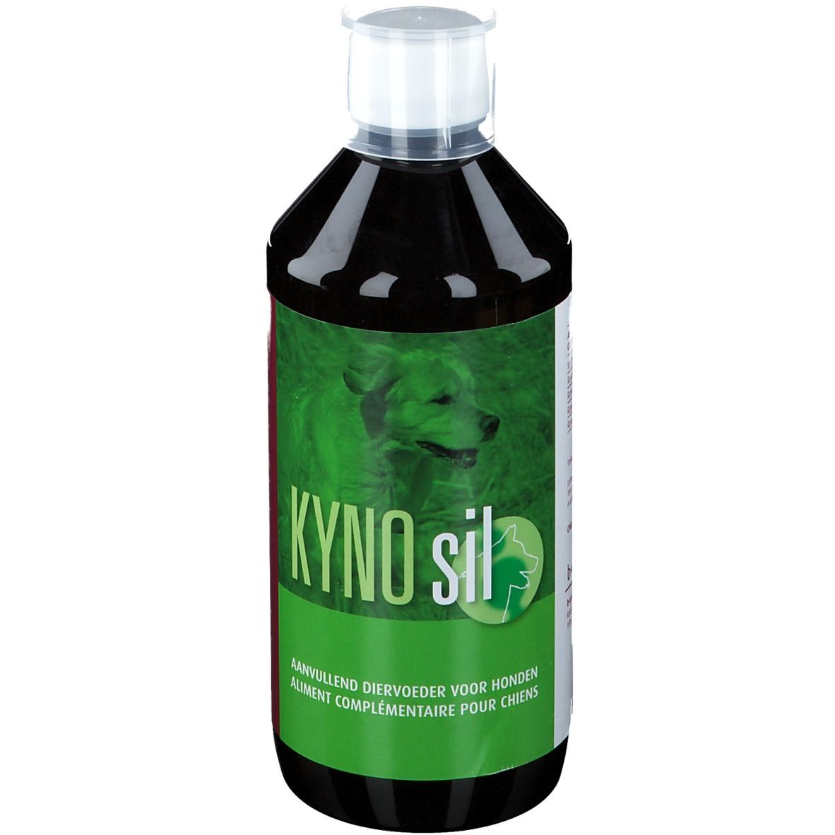 Flasche mit brauner Flüssigkeit, weißer Deckel. Etikett mit "KYNO sil" und einem Hund.