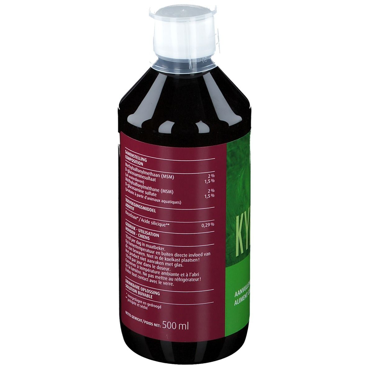 Flasche mit brauner Flüssigkeit. Etikett mit Inhaltsstoffen und Dosierungshinweisen. Volumen: 500 ml.