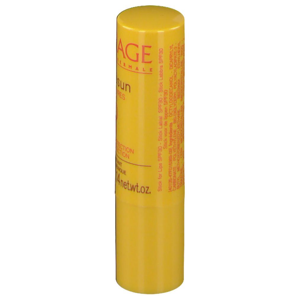 Stick à lèvres jaune avec 'Bariésun'. Contient SPF 30. Résistant à l'eau.