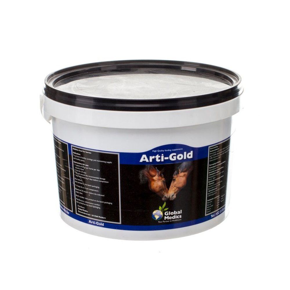 Seau Global Medic Arti-Gold avec illustration de tête de cheval et informations produit.
