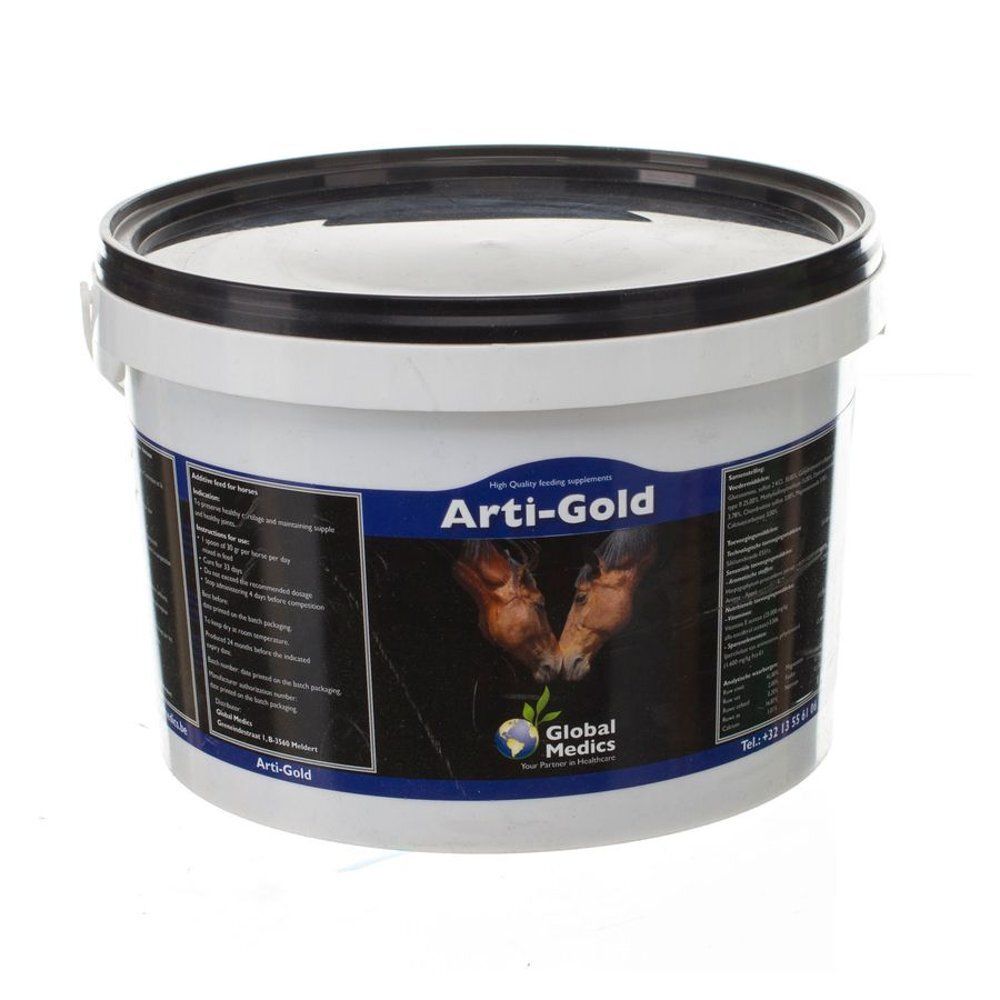 Arrière du seau Global Medic Arti-Gold avec instructions d'utilisation détaillées et ingrédients.
