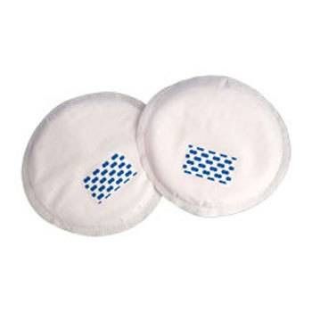 Zwei runde, weiße Einlagen mit blauem Muster. Wegwerf-Einlagen.