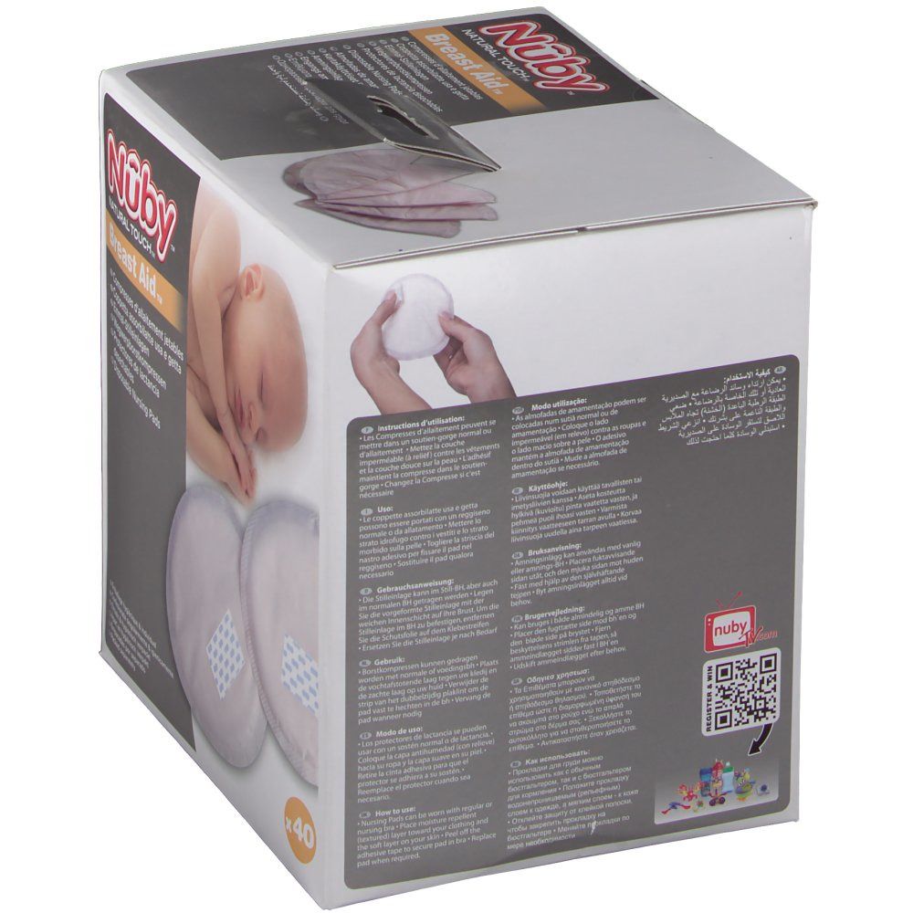 Karton mit Brust-Einlagen. Marke Nûby. 40 Stück. Produktabbildung und Text.