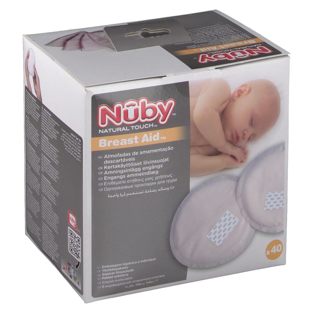 Karton mit Brust-Einlagen. Marke Nûby. 40 Stück. Produktabbildung und Text.