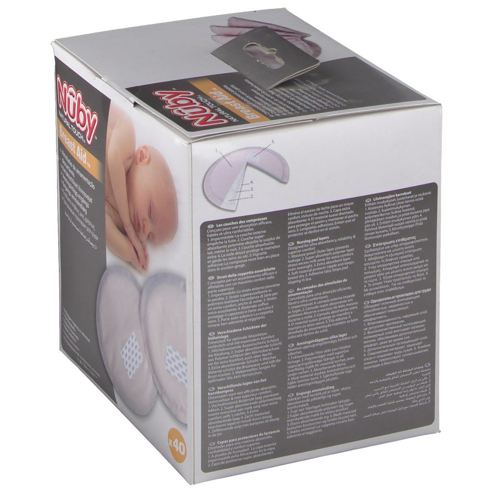 Karton mit Brust-Einlagen. Marke Nûby. 40 Stück. Produktabbildung und Text.