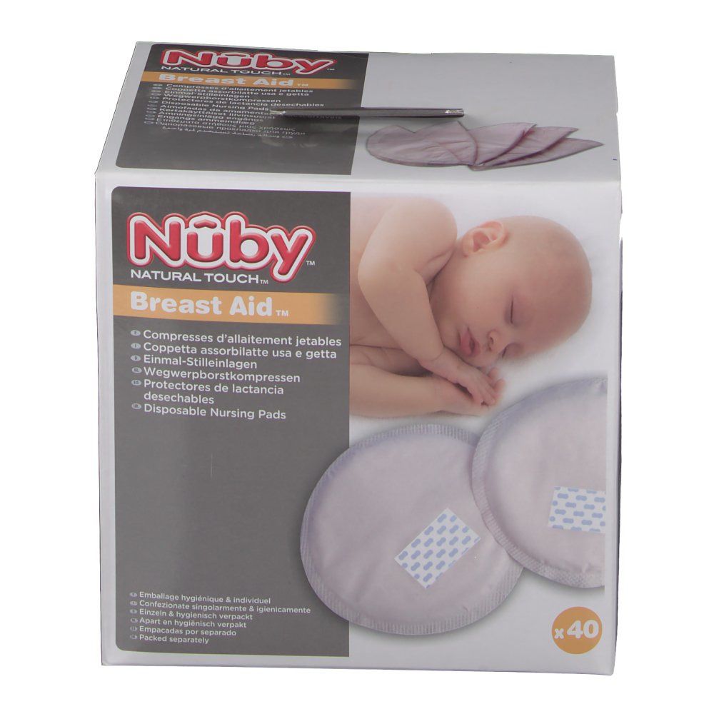 Karton mit Brust-Einlagen. Marke Nûby. 40 Stück. Produktabbildung und Text.