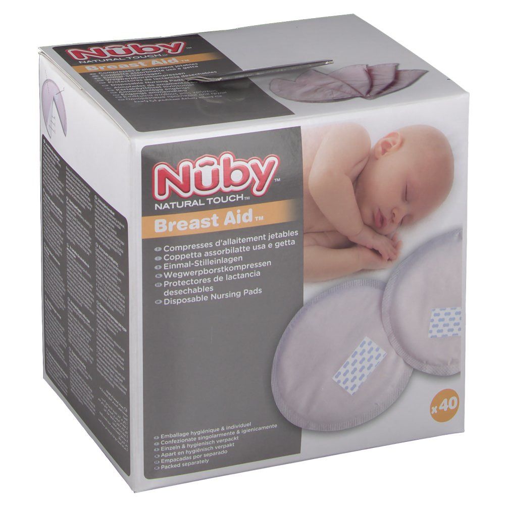 Karton mit Brust-Einlagen. Marke Nûby. 40 Stück. Produktabbildung und Text.