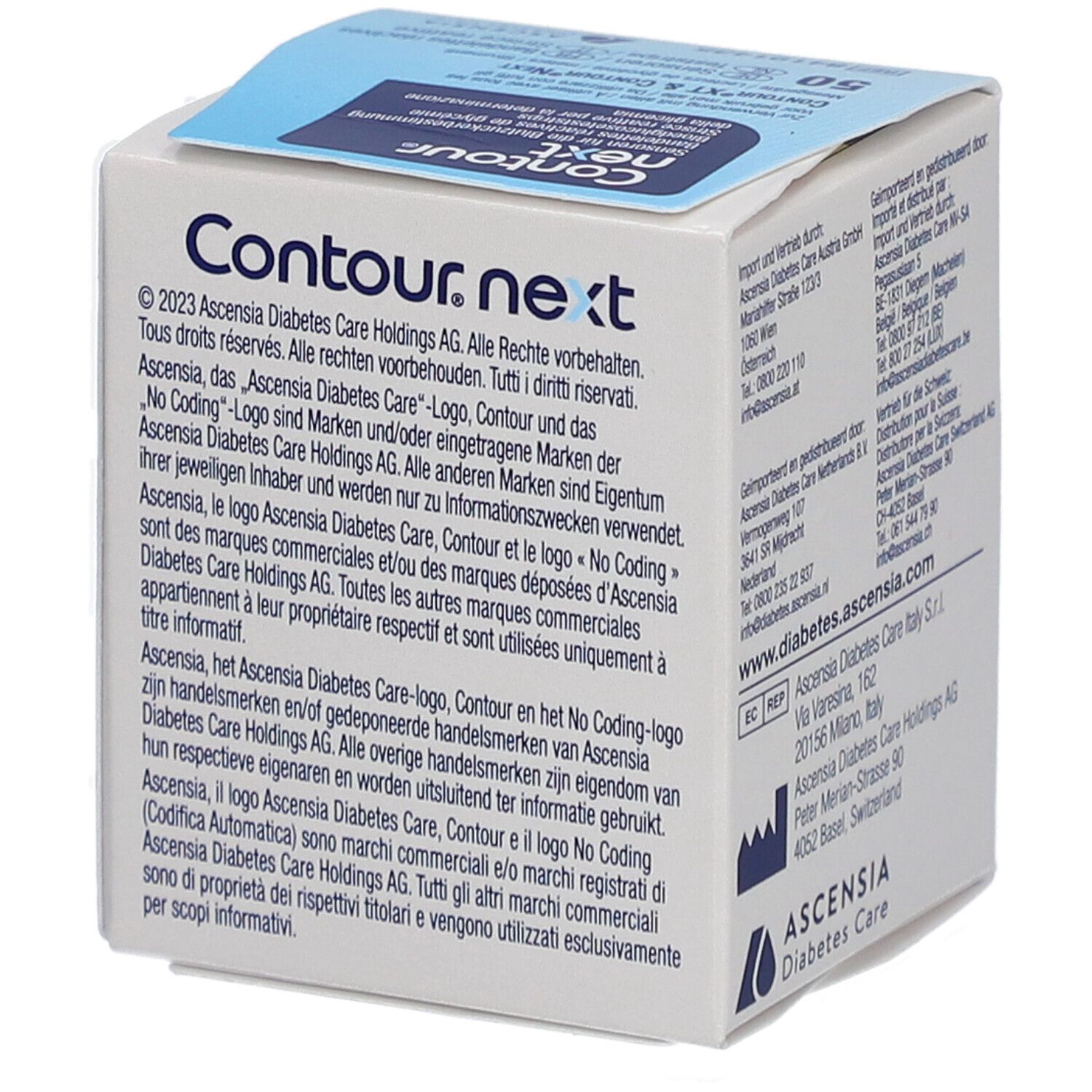 Boîte de bandelettes Contour Next. Texte sur les droits d'auteur et les marques. Logo Ascensia Diabetes Care.