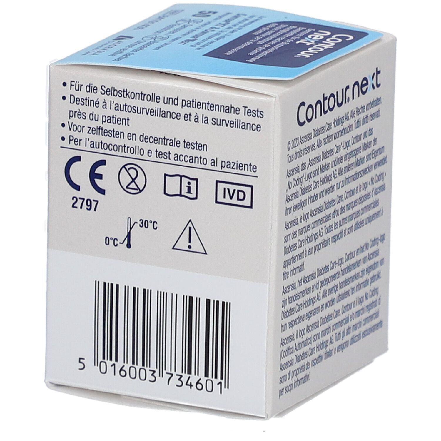 Côté de la boîte de bandelettes Contour Next. Marquage CE, symbole IVD et avertissements.