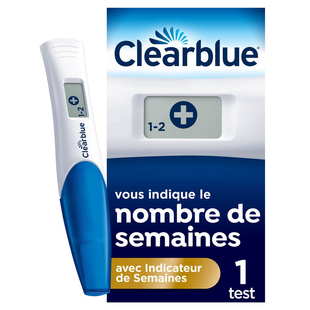 Test de grossesse Clearblue Digital avec indicateur de semaines. Design blanc et bleu, écran.