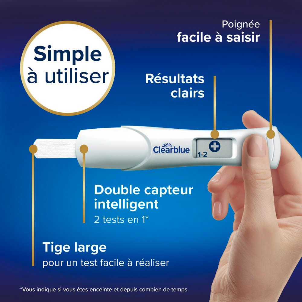Fonctionnalités du test Clearblue Digital. Facile à utiliser, résultats clairs.