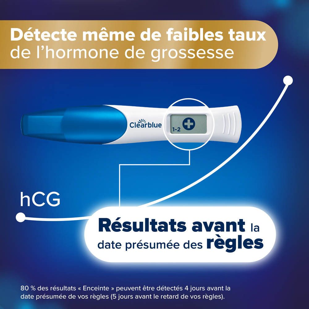 Test de grossesse Clearblue Digital. Détecte faibles taux d'hCG. Résultats avant règles.