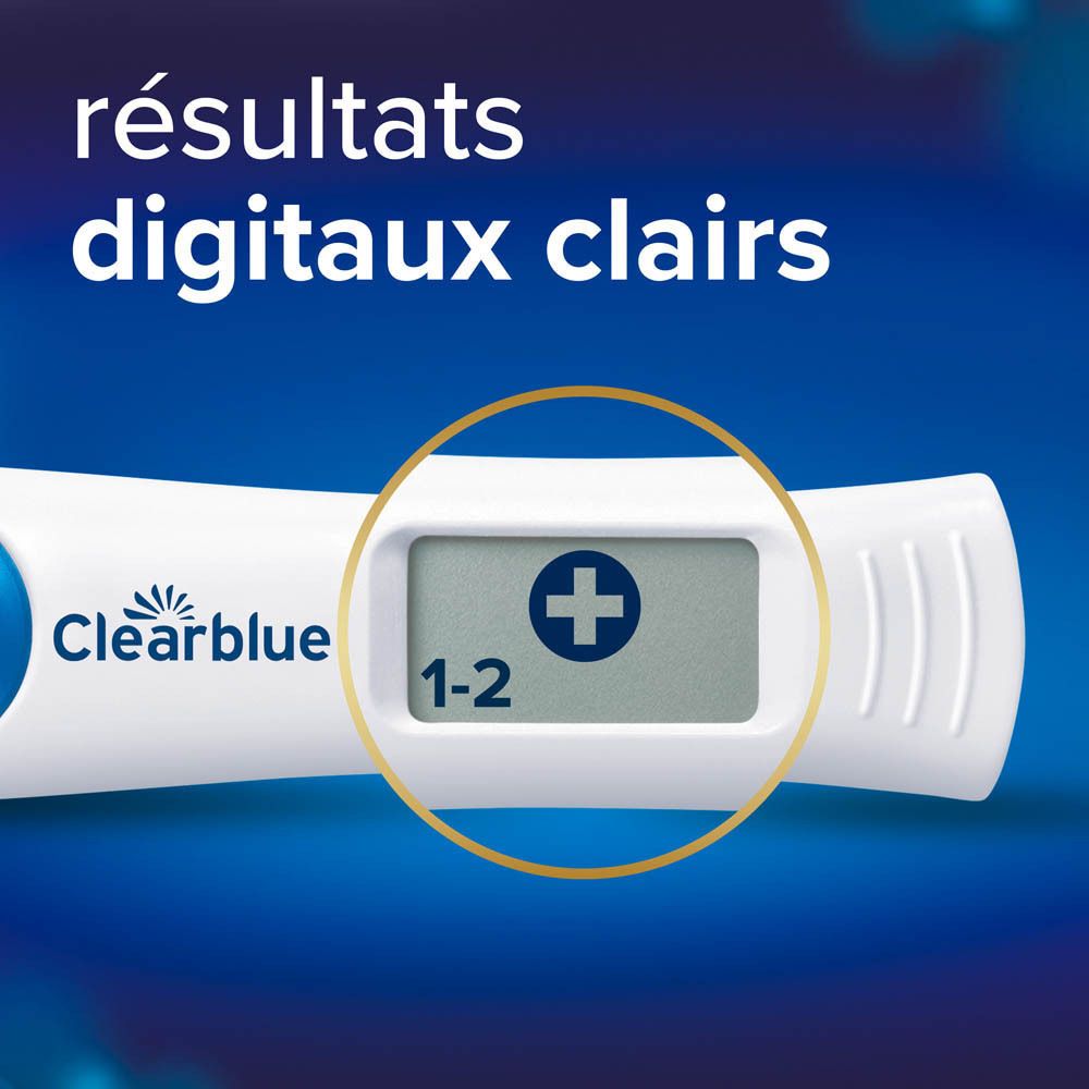 Gros plan sur l'écran Clearblue Digital. Affiche un signe plus et l'indication des semaines.