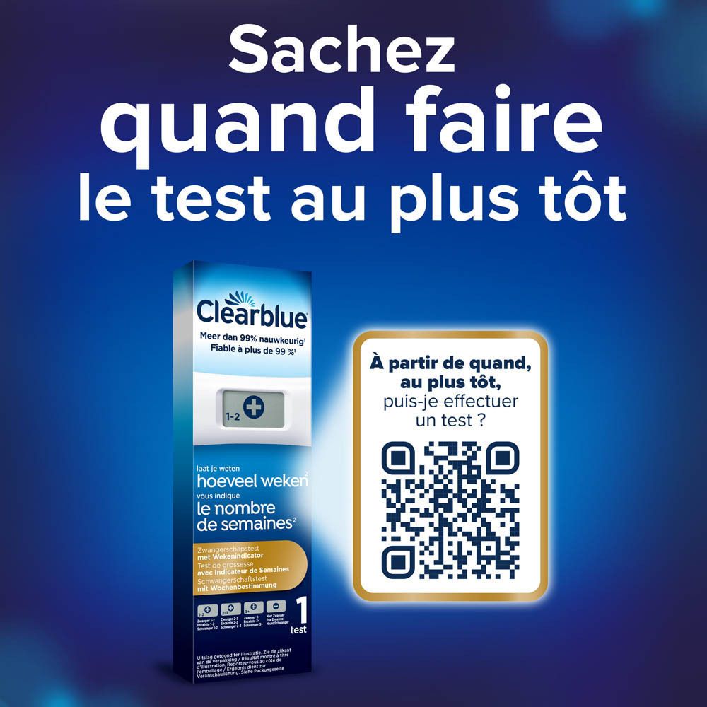 Test de grossesse Clearblue Digital et emballage. Code QR pour informations.