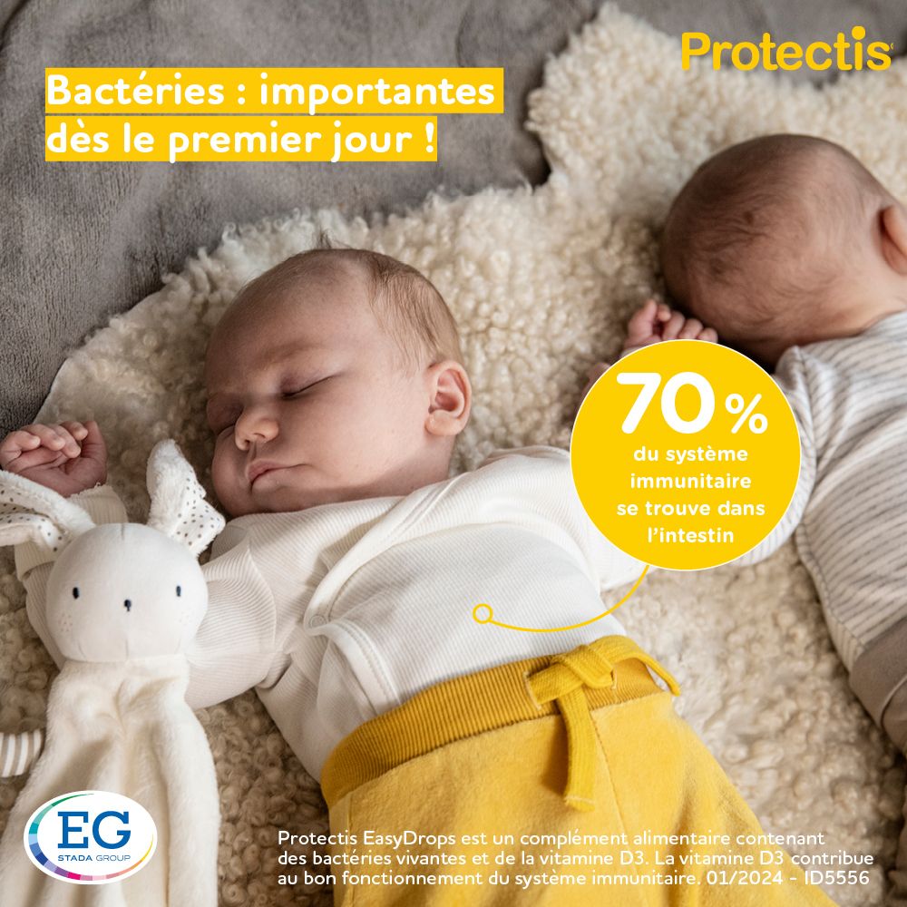 Protectis EasyDrops, flacon et boîte. 5 ml. Avec fond jaune et soleil. 25 jours.