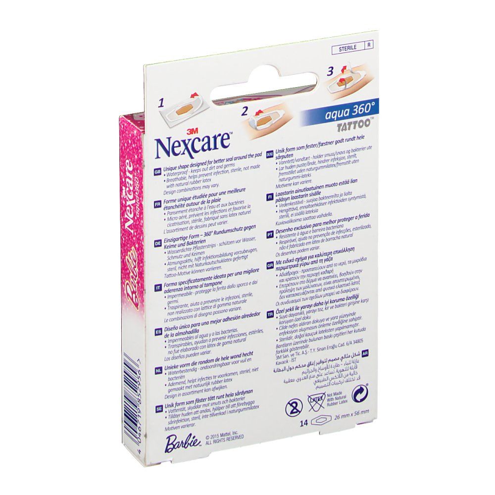 Rückseite der Nexcare Aqua 360 Tattoo Barbie Pflaster-Verpackung. Text in mehreren Sprachen. Enthält Informationen und Anweisungen.