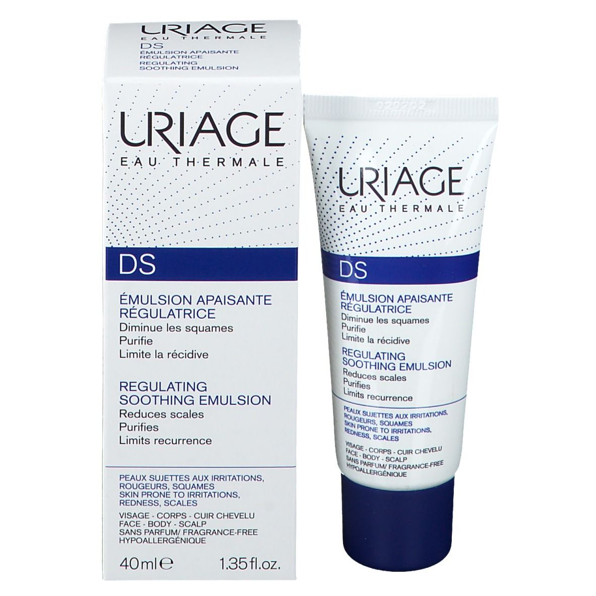 Uriage DS Emulsion Tube. Text: -82% Desquamation. Reduziert Schuppen, reinigt und begrenzt das Wiederauftreten.