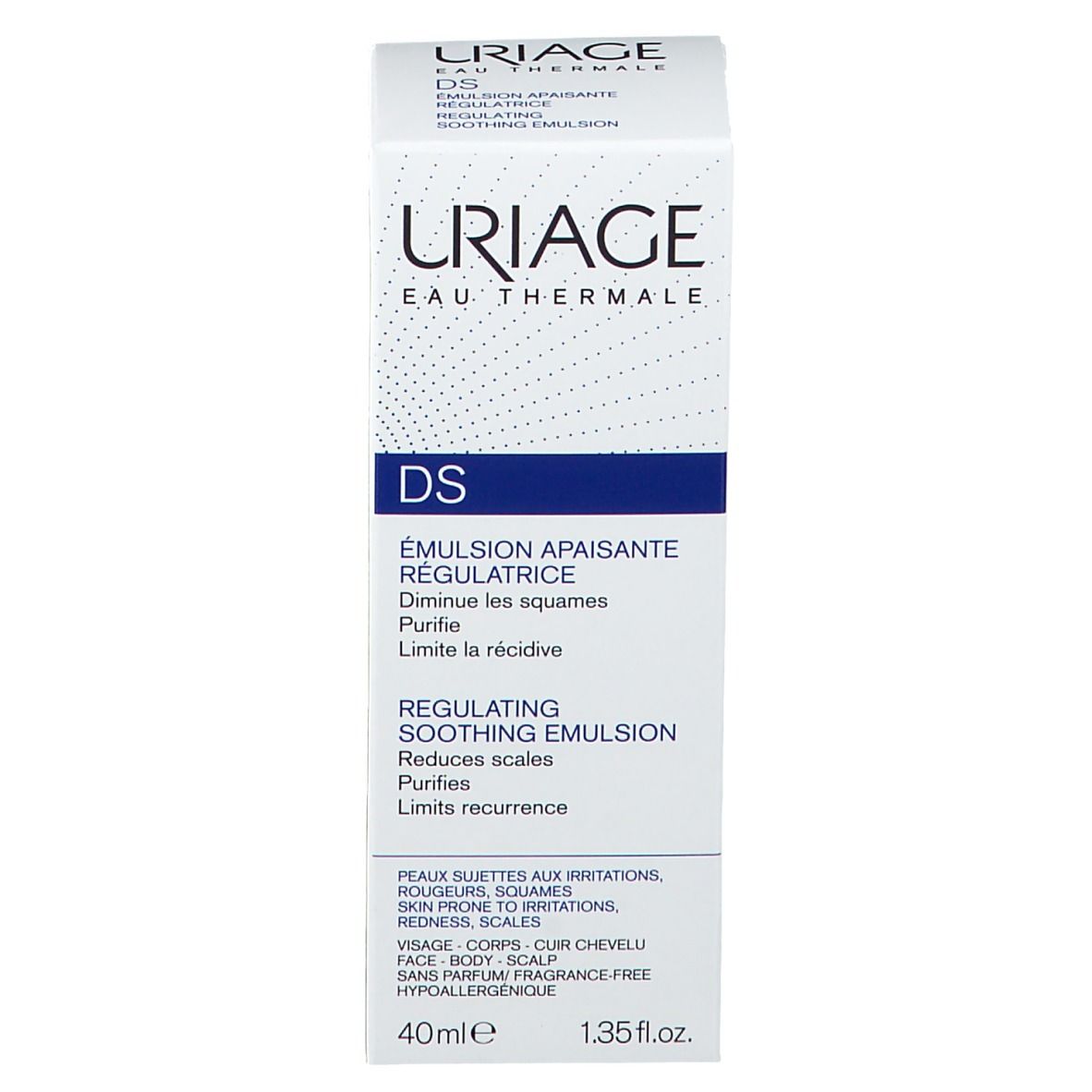 Grafik mit Inhaltsstoffen. Text: Piroctone Olamine, Glycerin + Sheabutter, [BREVET TLR2-REGUL], Eau Thermale d'Uriage.