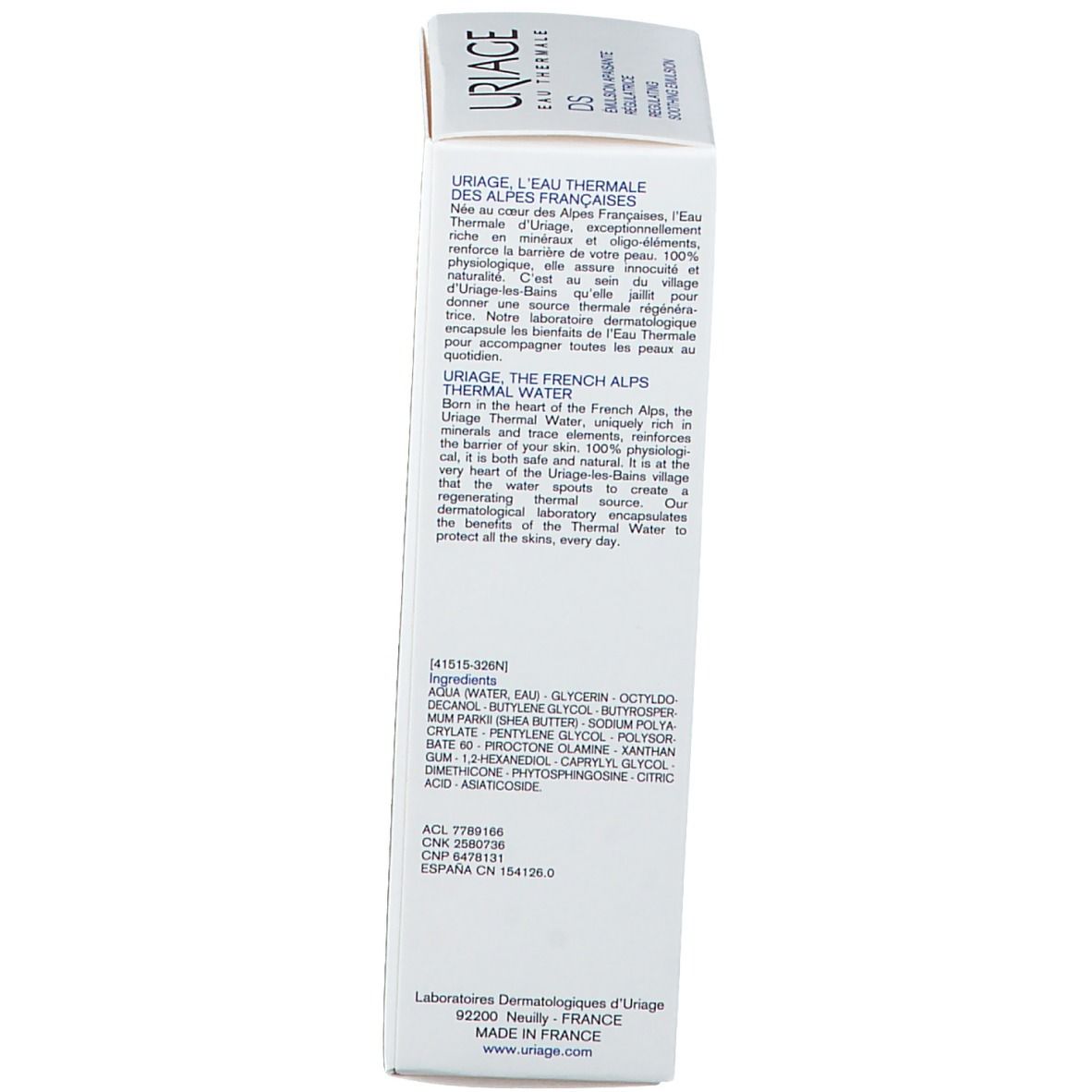 Drei Produkte. Uriage DS Emulsion, Eau Thermale, Uriage DS Gel. Text: Nettoyer, Apaiser, Purifier.