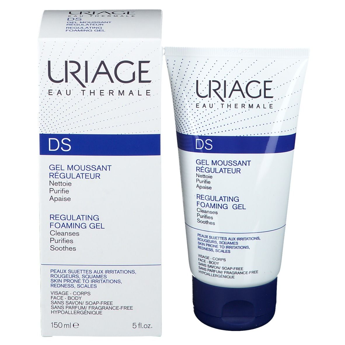 Uriage DS Reinigungsgel. Text: Eliminiert Unreinheiten, reinigende und beruhigende Wirkung.