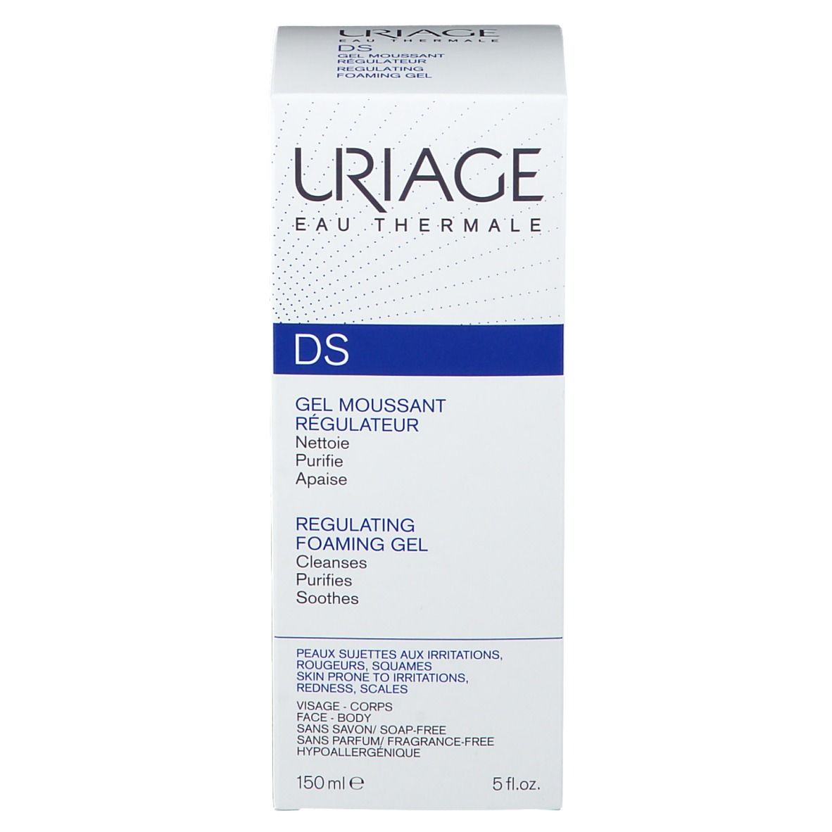 Uriage DS Reinigungsgel. Text: Dermatologische Formel, Pirocton-Olamin, TLR2-Regul.