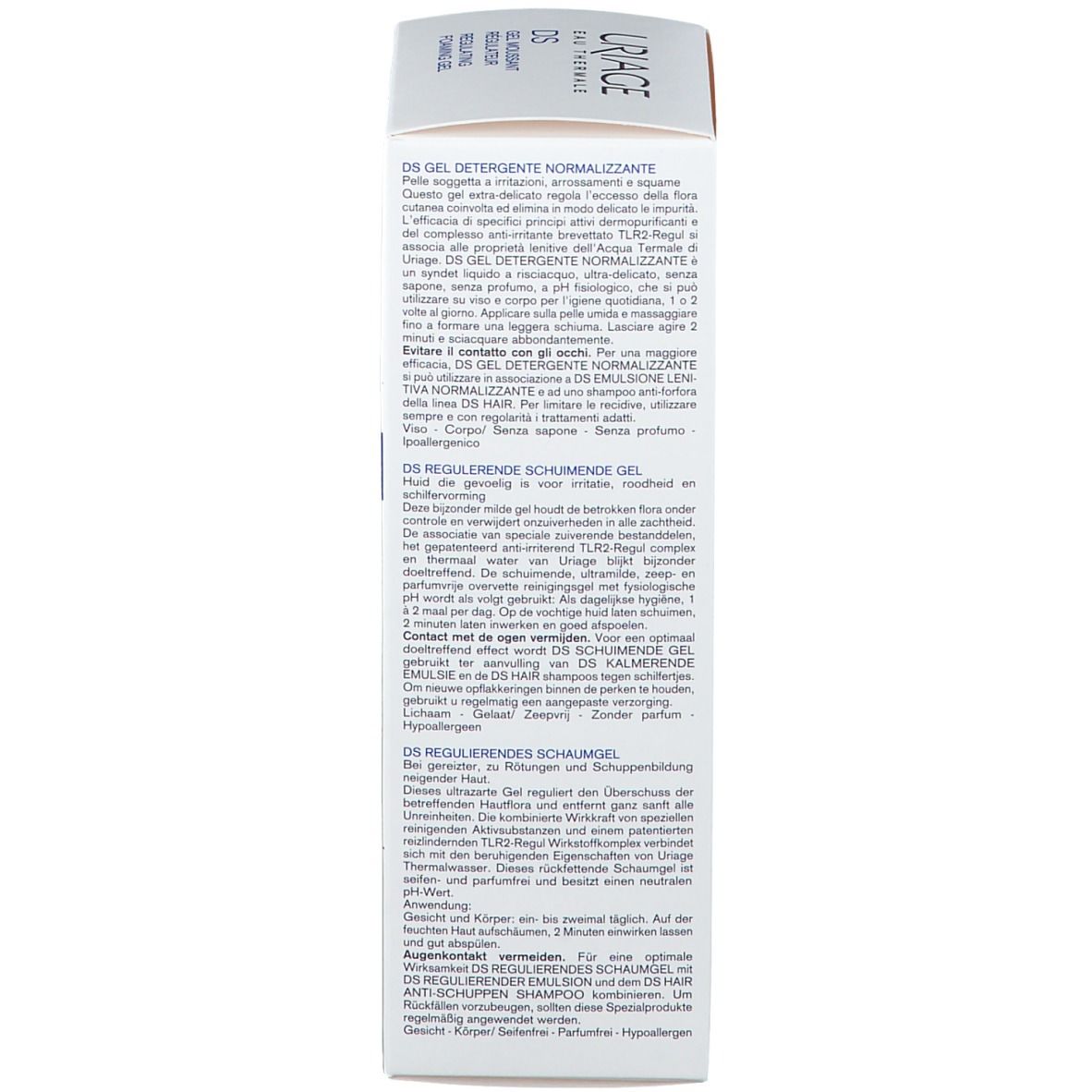 Rückseite der Uriage DS Reinigungsgel Tube. Text: Anwendungshinweise in mehreren Sprachen.