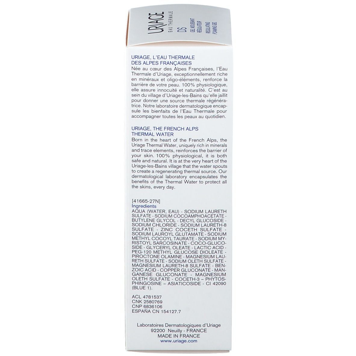 Uriage Produkte: DS Reinigungsgel, Eau Thermale, DS Hair Shampoo. Text: Reinigen, beruhigen, reinigen.