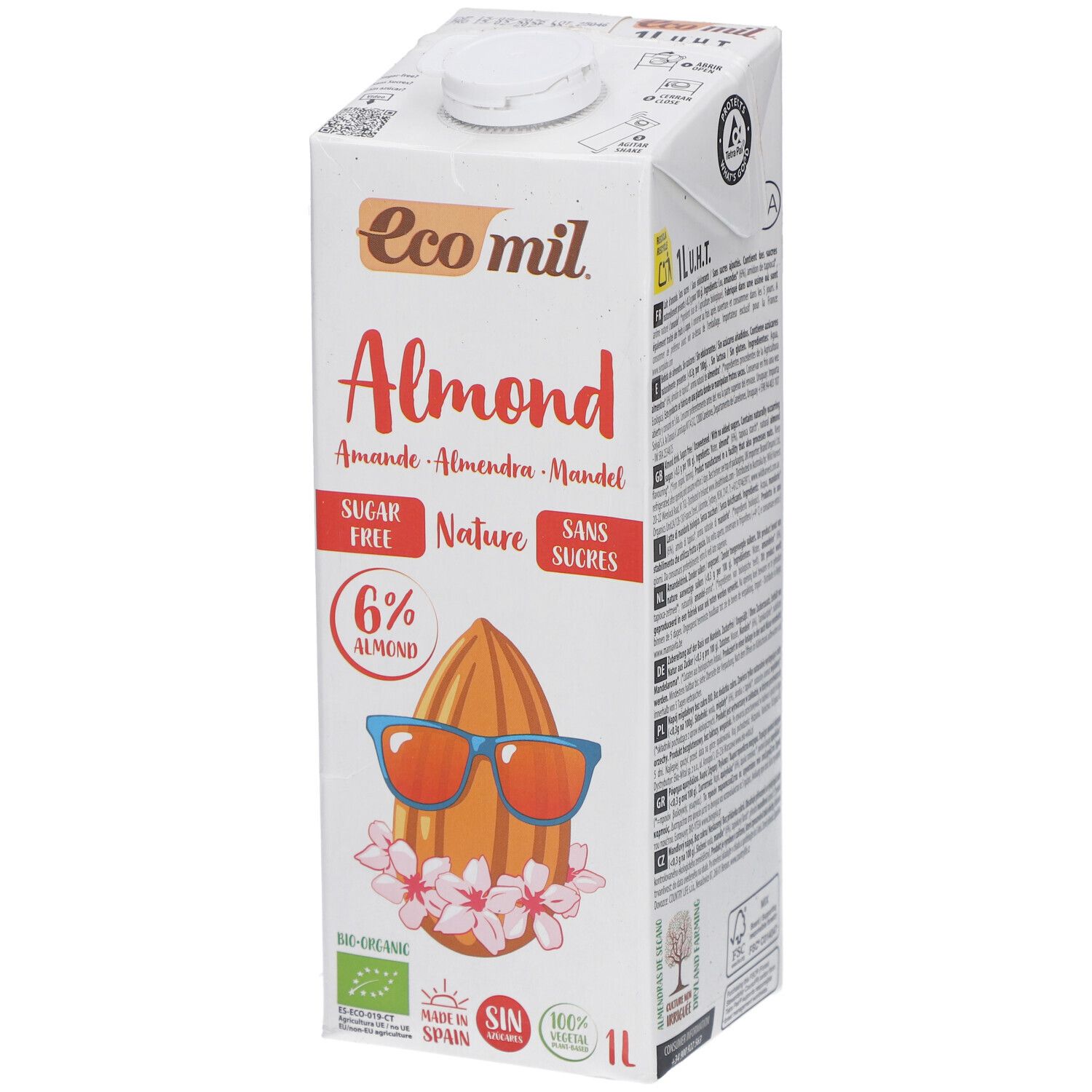 Tetrapack mit Ecomil Almond. Aufschrift Almond, zuckerfrei, 6% Mandel. Abbildung einer Mandel mit Sonnenbrille und Blüten.
