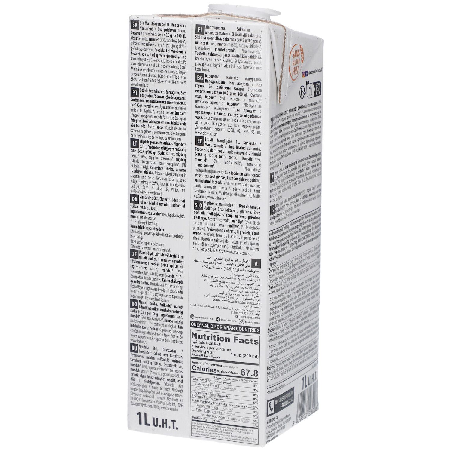 Seitenansicht des Ecomil Almond Tetrapacks. Text in verschiedenen Sprachen. Aufschrift 1L. Nährwertangaben.