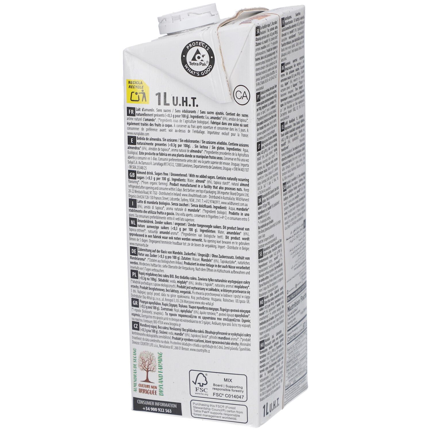 Seitenansicht des Ecomil Almond Tetrapacks. Text in verschiedenen Sprachen. Aufschrift 1L. FSC-Logo.