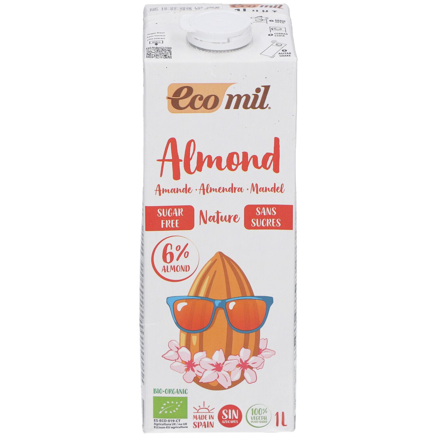 Ecomil Almond Tetrapack. Aufschrift Almond, zuckerfrei, 6% Mandel. Abbildung einer Mandel mit Sonnenbrille und Blüten. 1L.