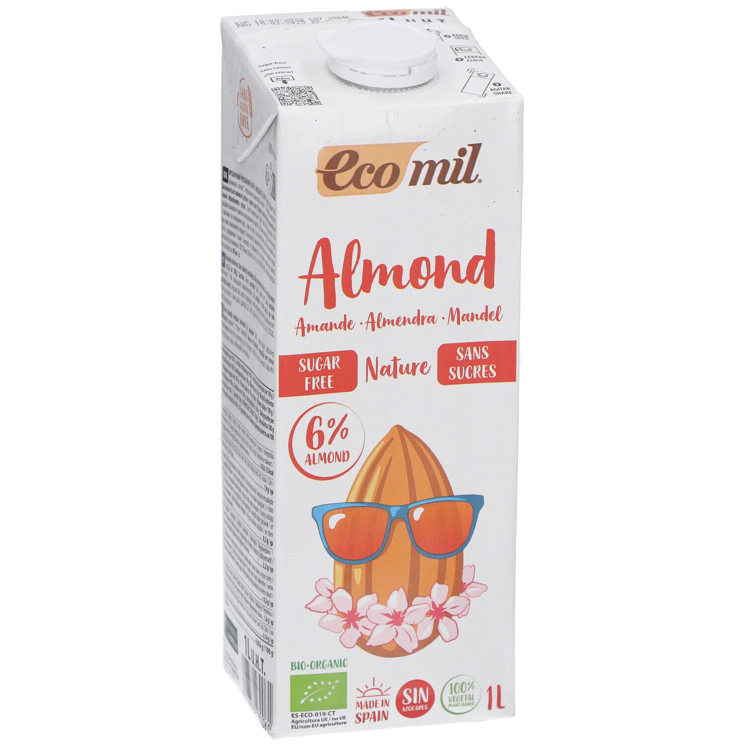 Ecomil Almond Tetrapack. Aufschrift Almond, zuckerfrei, 6% Mandel. Abbildung einer Mandel mit Sonnenbrille und Blüten. 1L.