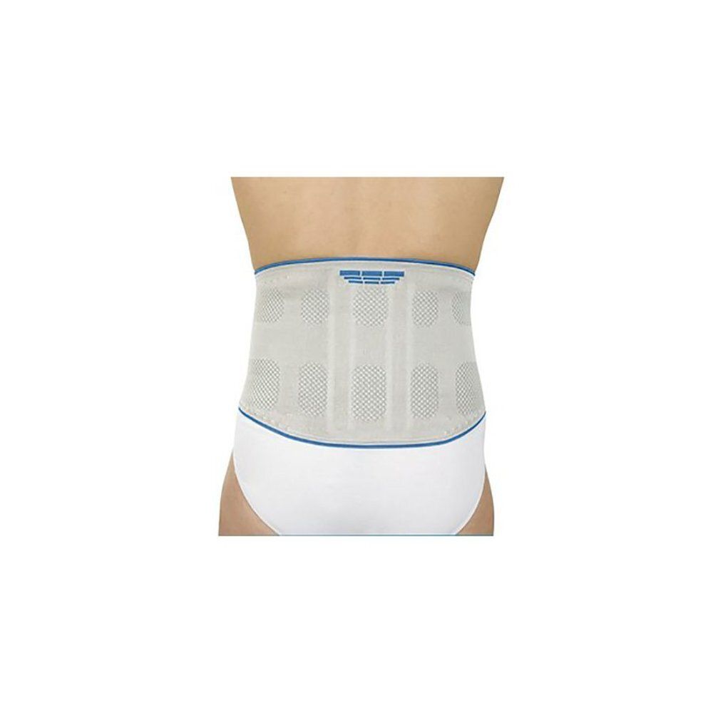 Support dorsal beige avec accents bleus, porté par une personne. Conception en maille avec renforts rectangulaires.