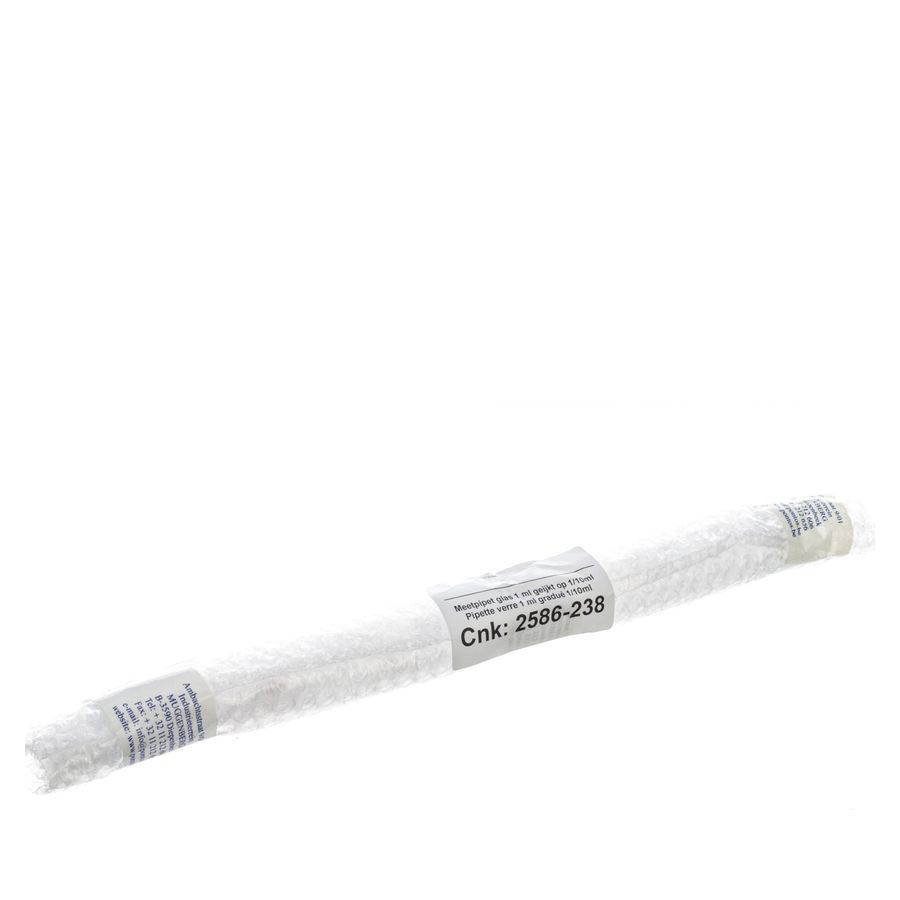 Glaspipette in Folienverpackung. Aufkleber mit Text und der Nummer Cnk: 2586-238. Weißes Produkt.