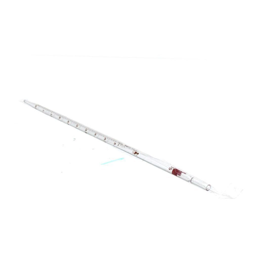 Pipette en verre, marquage rouge, graduations 1/10 ml. Inscriptions.