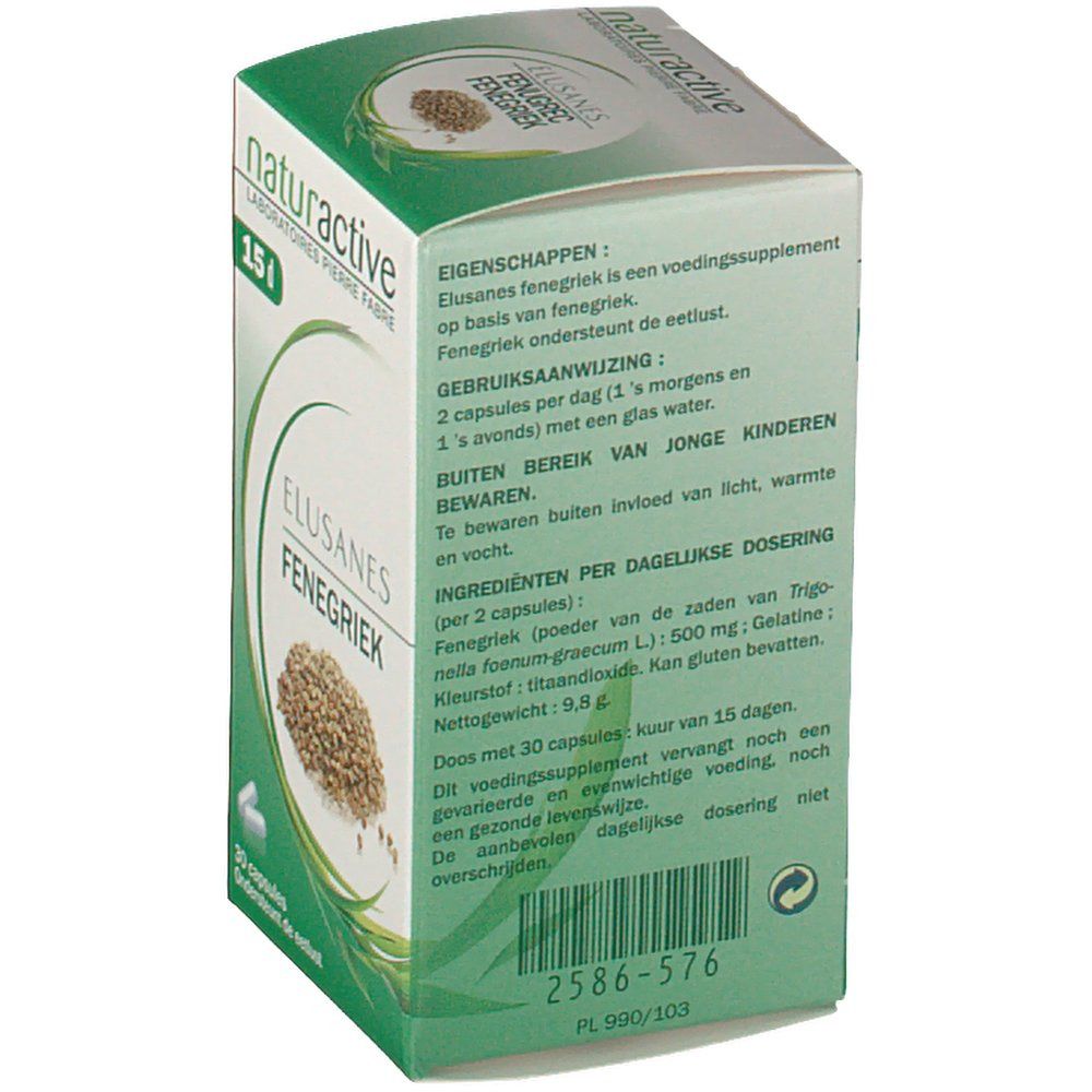 Rückseite der Schachtel mit Text. Aufschrift: Elusanes Fenegriek, 30 capsules. Zutatenliste. Chargennummer.