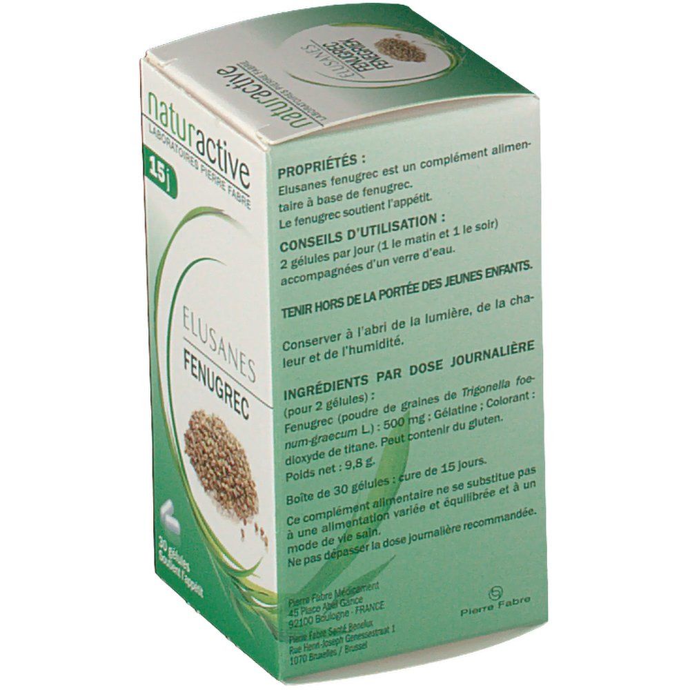 Rückseite der Schachtel mit Text. Aufschrift: Elusanes FenuGrec, 30 gélules. Zutatenliste. Chargennummer.