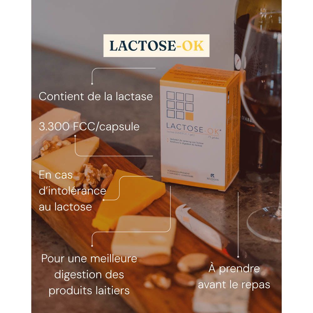 Image de produit avec fromage, noix et vin. Boîte "LACTOSE-OK". Texte en français.
