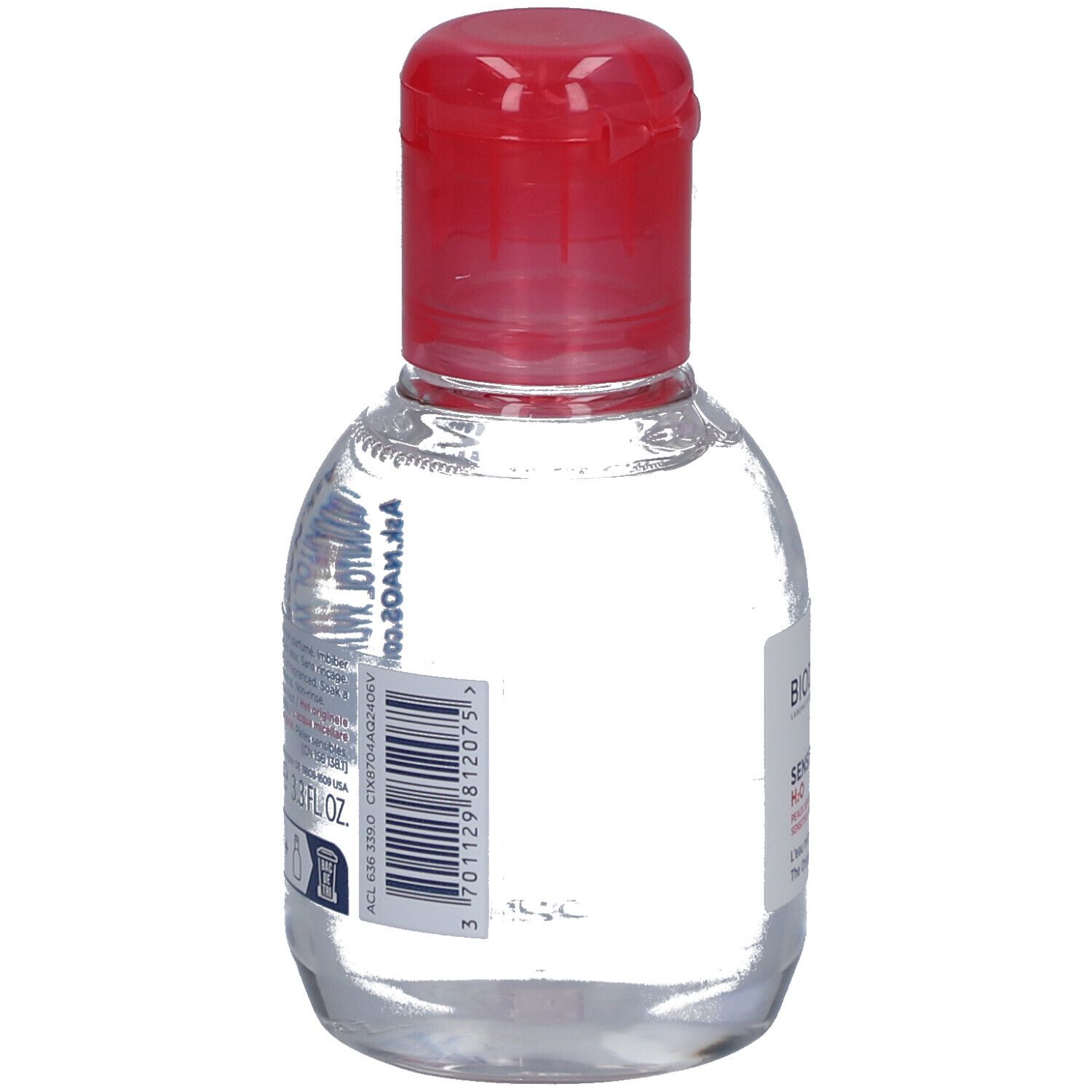 Kleine, transparente Flasche mit rotem Klappverschluss. Etikett mit Text und Barcode. Produktname nicht sichtbar.
