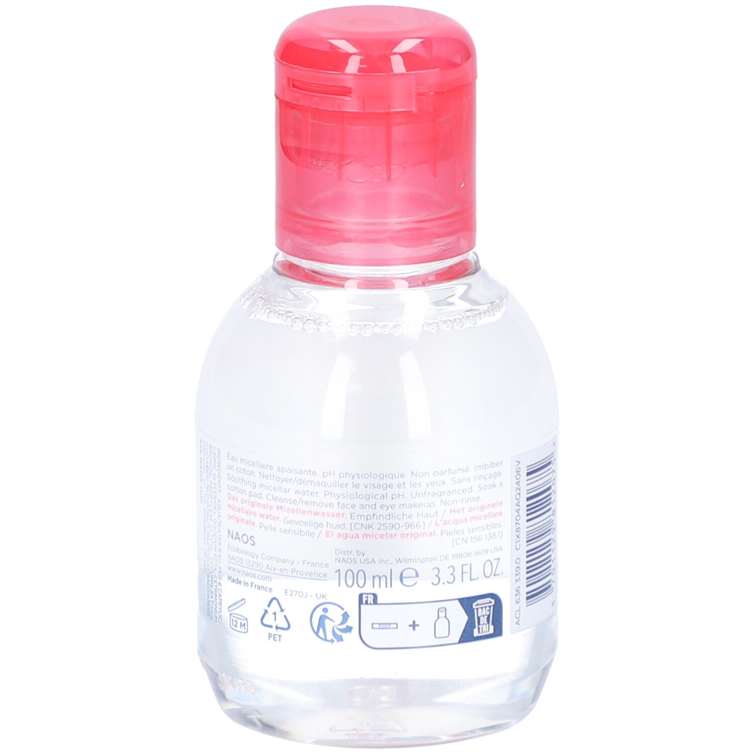 Kleine, transparente Flasche mit rotem Klappverschluss. Etikett mit Text. Volumenangabe: 100 ml. Produktname nicht sichtbar.