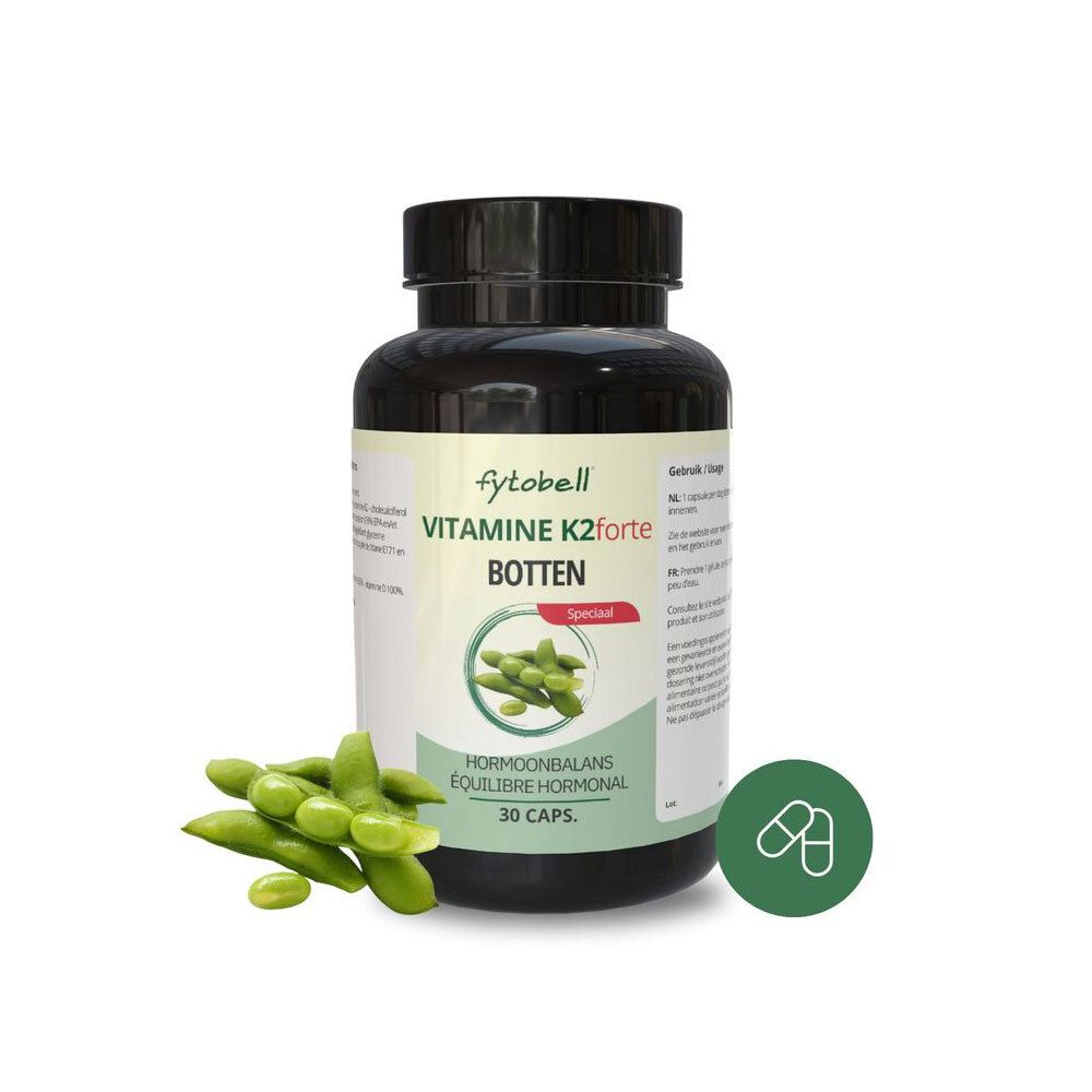 Flacon de gélules et fèves de soja. Inscription : fytobell, Vitamine K2 forte, Botten. 30 gélules.