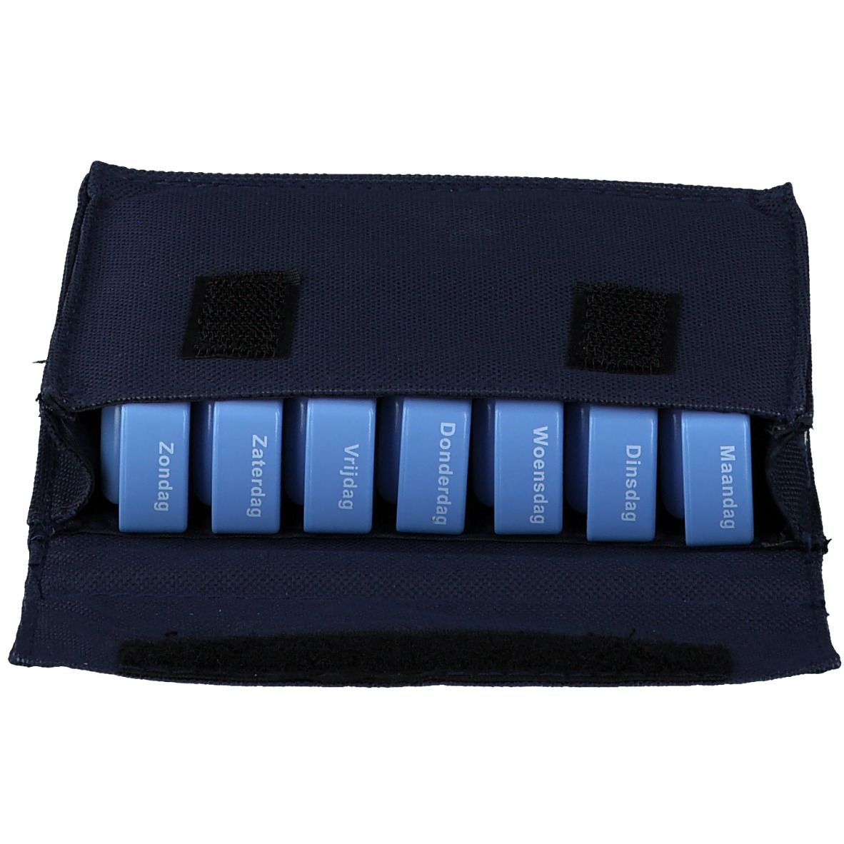 Étui bleu foncé ouvert avec sept piluliers bleus clairs. Inscriptions: Lundi à Dimanche.