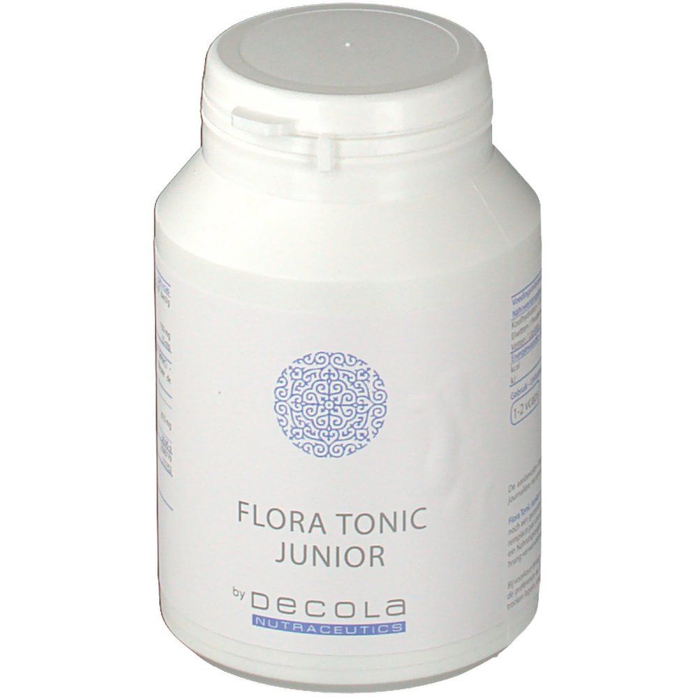 Flacon blanc avec couvercle. Inscription : Flora Tonic Junior by Decola. Motif bleu.