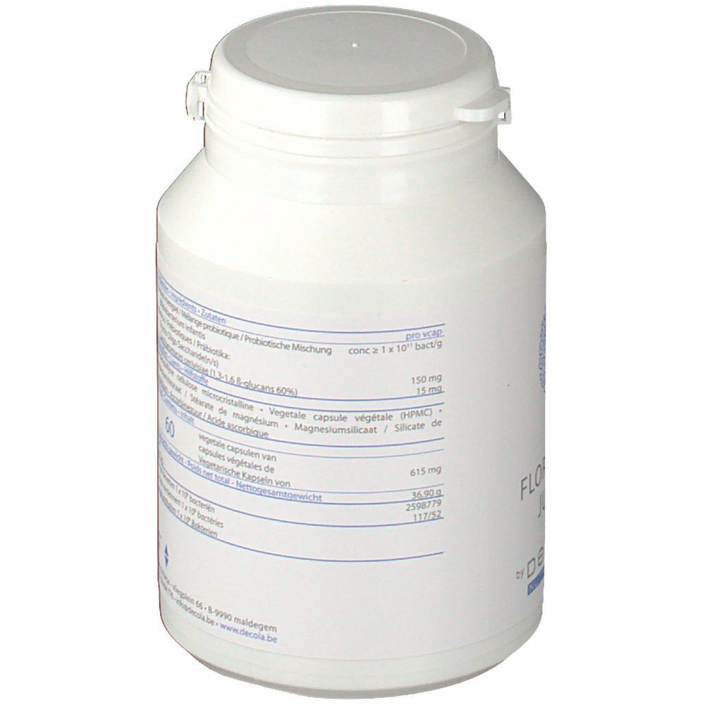 Flacon blanc avec couvercle. Dos avec texte, ingrédients et informations nutritionnelles. 60 gélules.