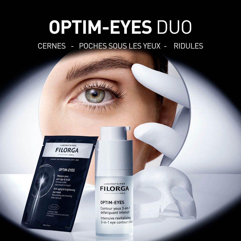 Produit et yeux. Texte : Optim-Eyes Duo. Marque : Filorga. Emballage produit.
