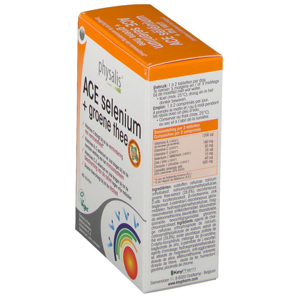 Boîte 'ACE sélénium + thé vert'. Orange et blanche. Inscriptions : 'physalis', '45 comprimés', 'Vegan'.