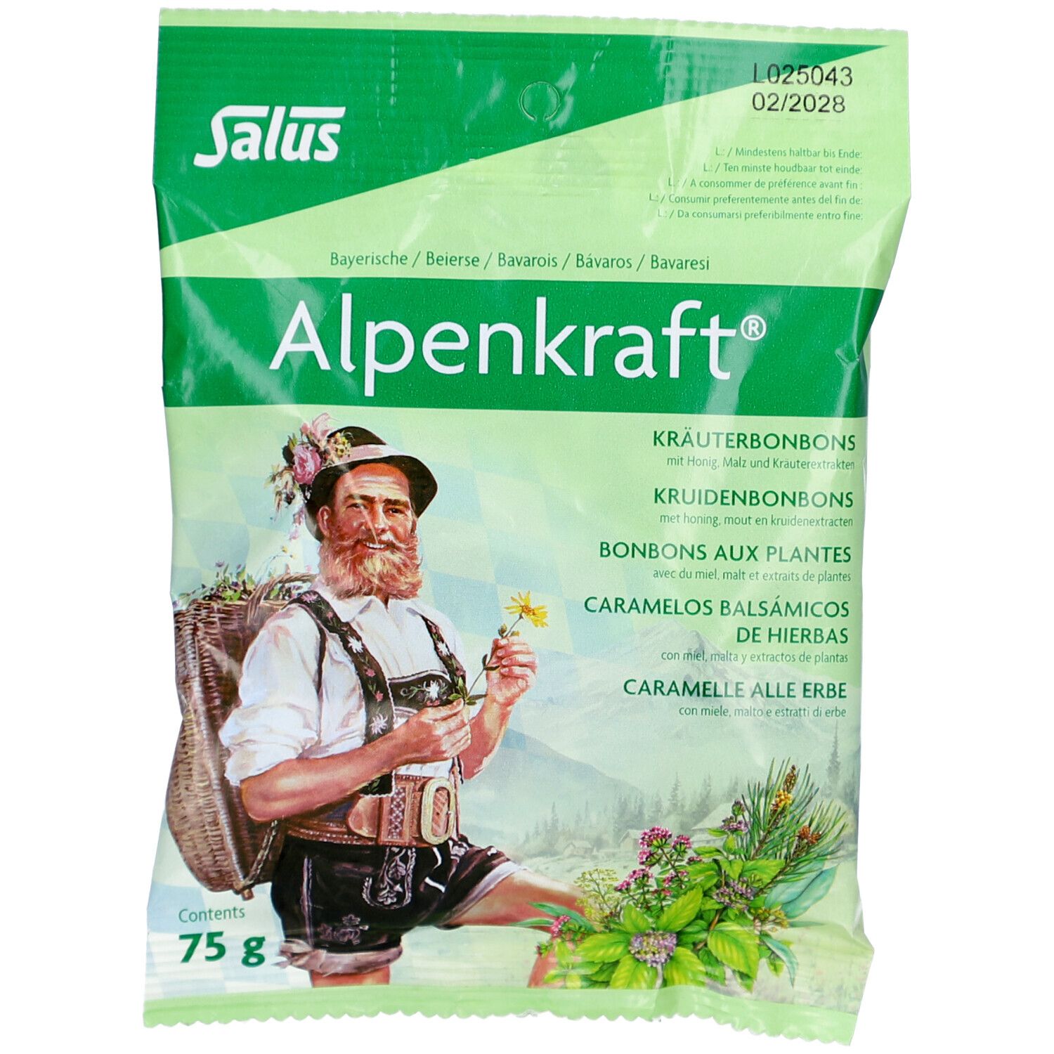 Grüne Tüte mit Salus Alpenkraft Kräuterbonbons. Abbildung eines Mannes in Tracht, Kräuter und Produktinformationen.