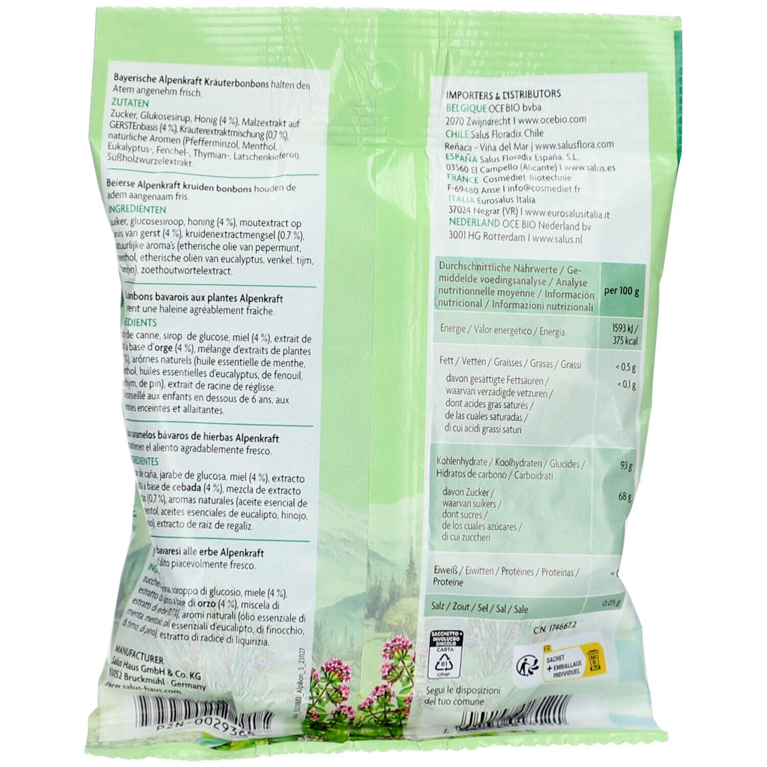 Rückseite der Salus Alpenkraft Kräuterbonbons-Verpackung. Informationen zu Inhaltsstoffen, Nährwerten und Hersteller.